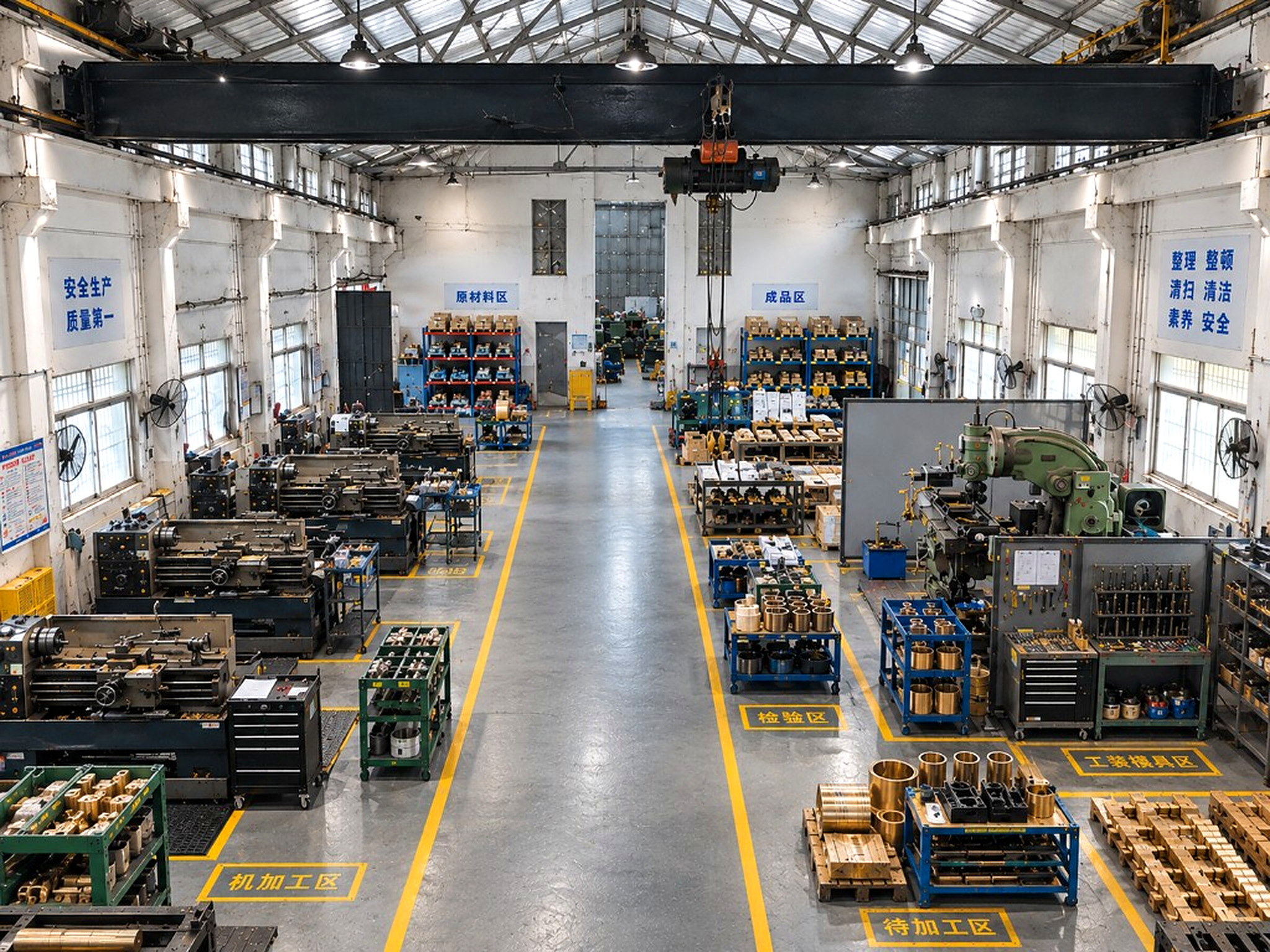 工厂机加工区全景:机床、待加工铜件与车间分区
